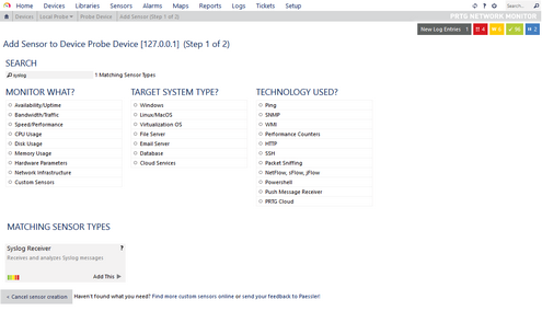 Syslog Receiver Sensor in the Add Sensor Dialog Syslog Receiver Sensor in the Add Sensor Dialog